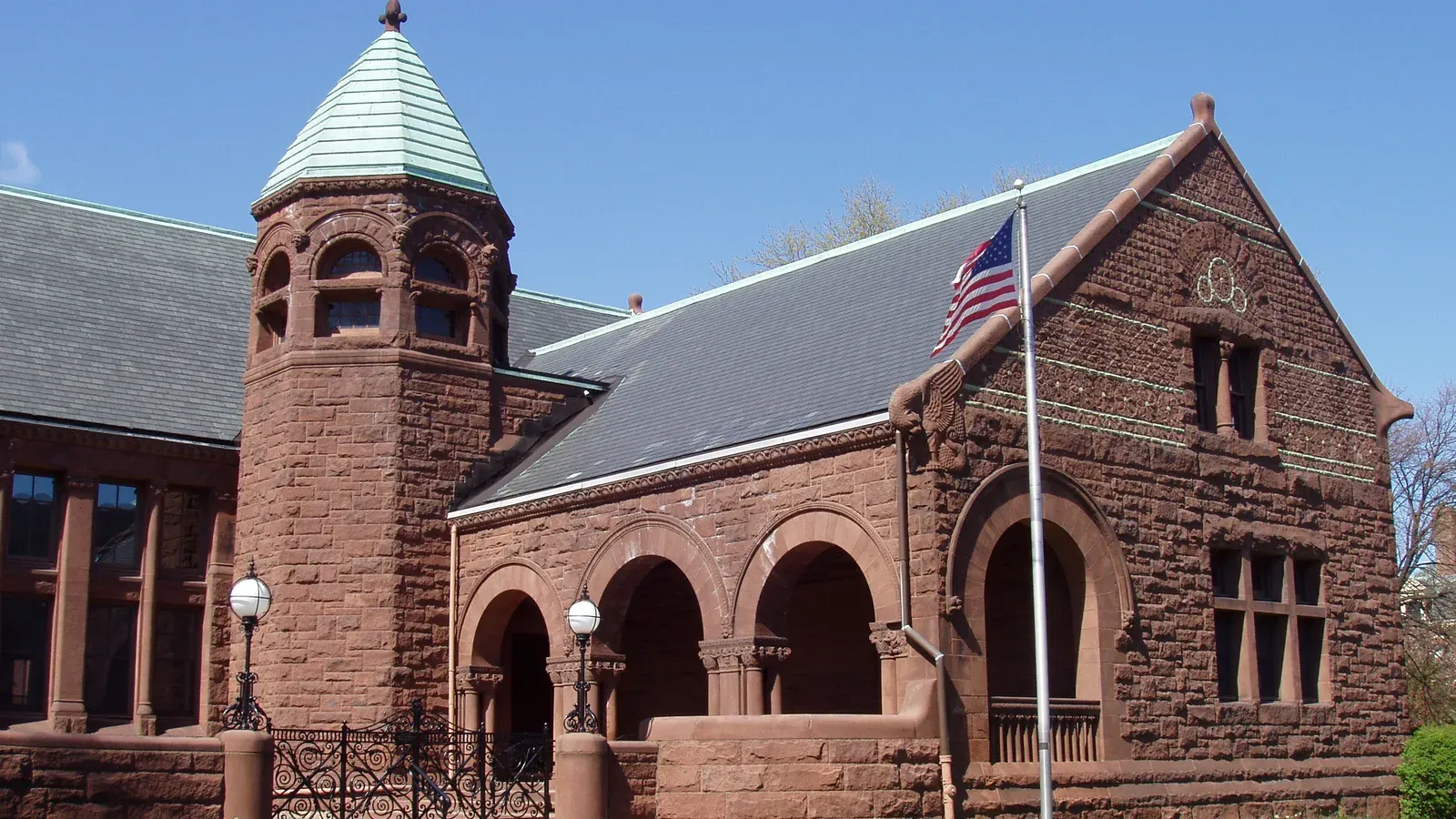 Converse Memorial Library, a Richardsonian Romanesque brownstone landmark, Malden, Massachusetts