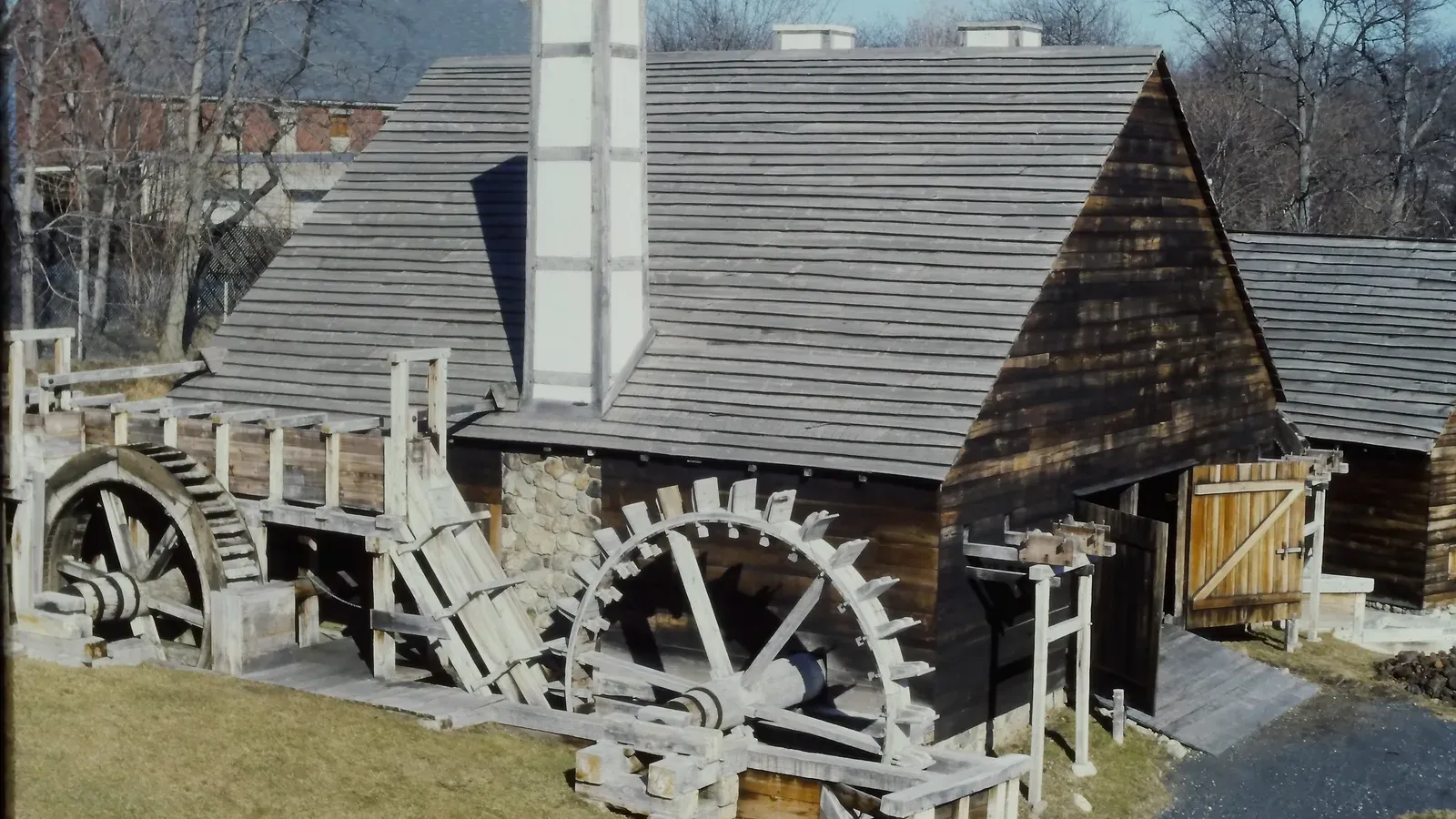 Saugus Iron Works forge building with its wooden waterwheels, a 17th-century ironworks site, Saugus, Massachusetts